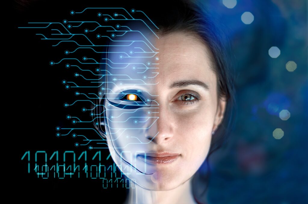 Portrait,Of,A,Woman,Symbolically,Turning,Into,Plastic,Robot,Face,